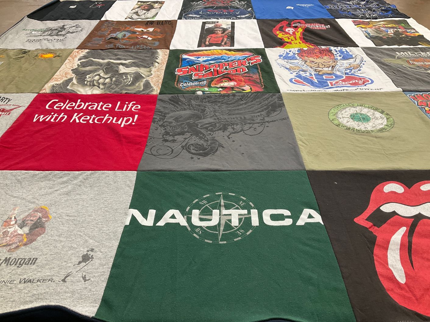 T-shirt quilt with cooking, music themes by Diane from DE