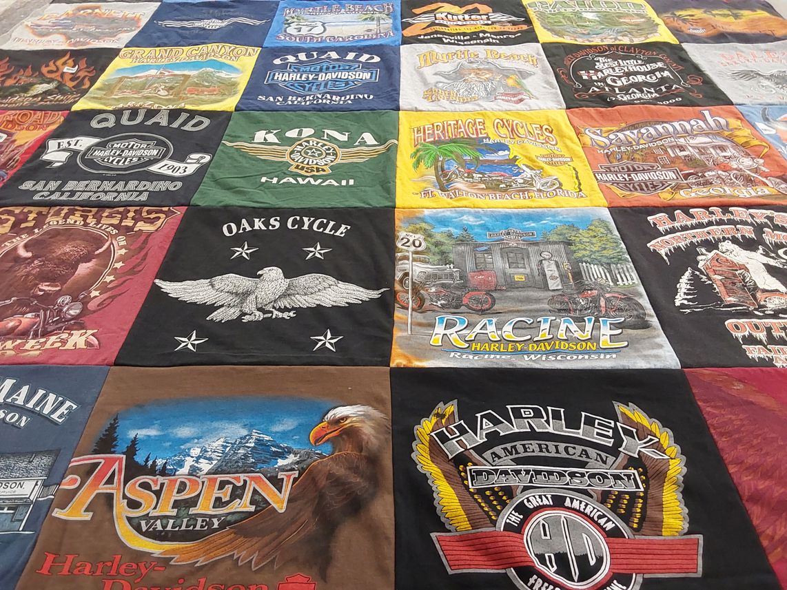 T-shirt quilt with motorcycles, harley davidson themes by Jennifer from WI