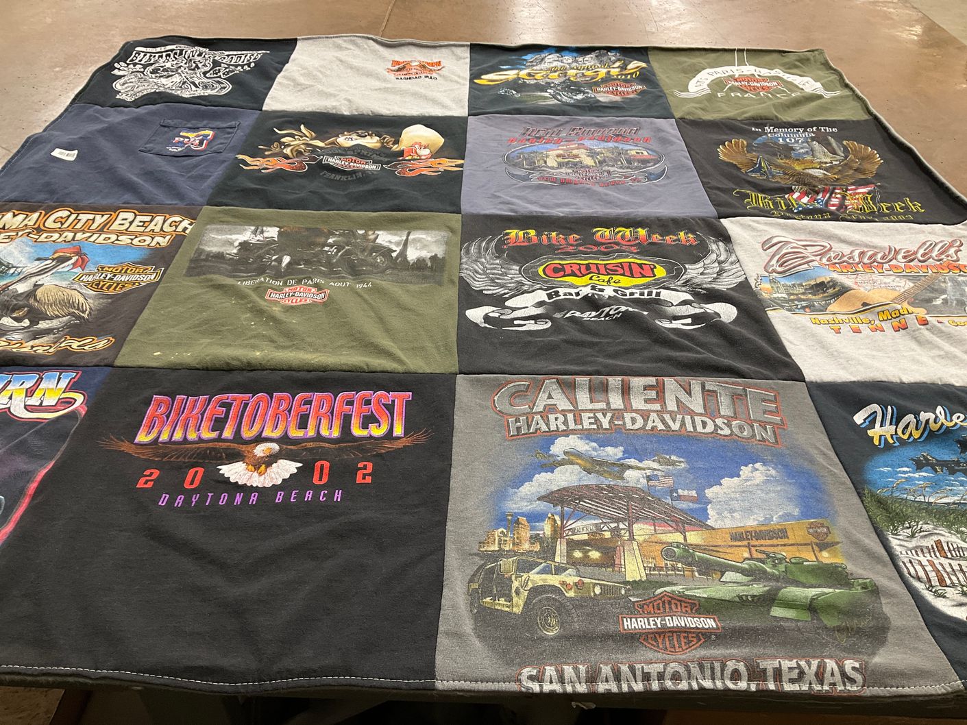 T-shirt quilt with motorcycles, biking themes by Michelle from FL