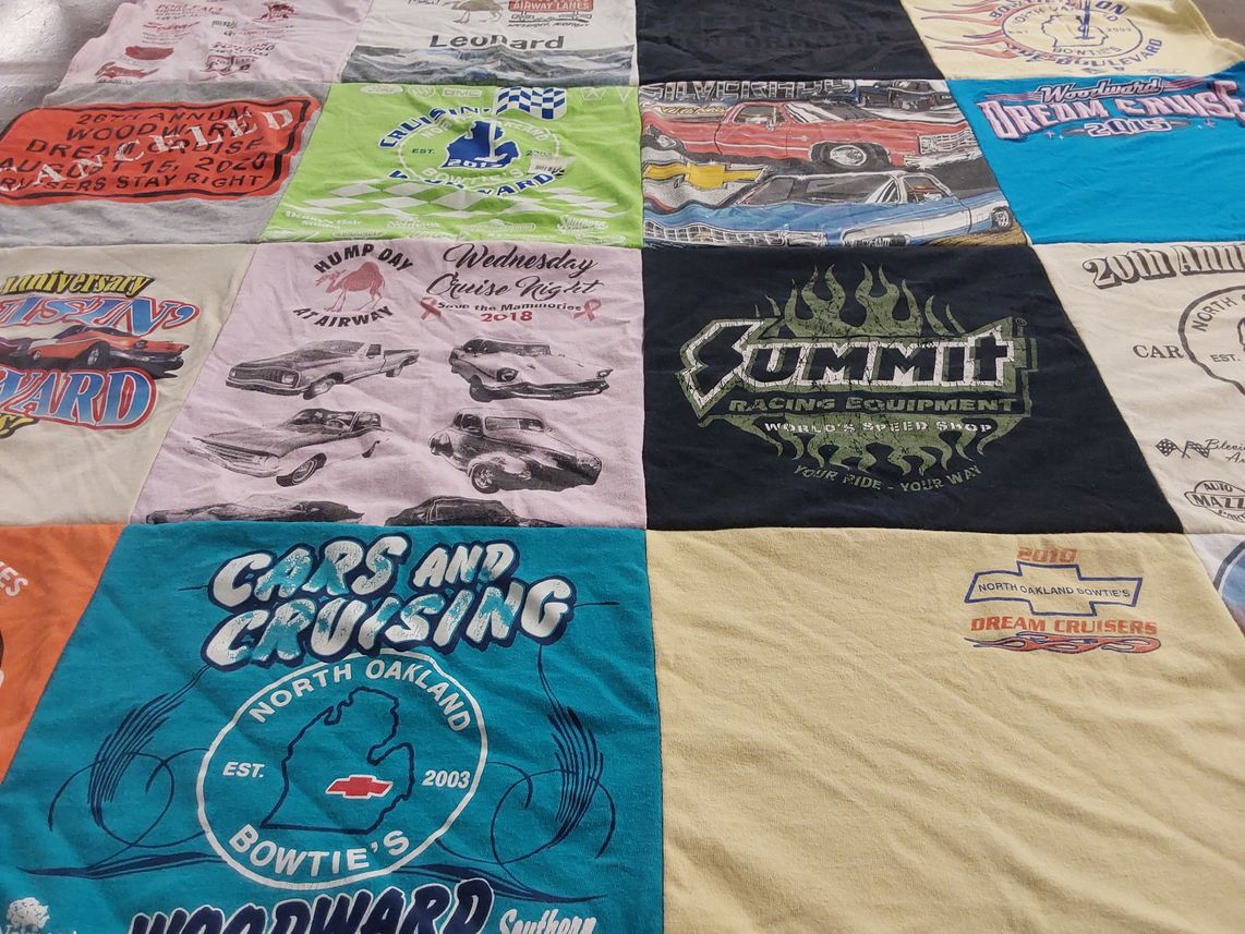 T-shirt quilt with cars, cruising themes by Brian from MI