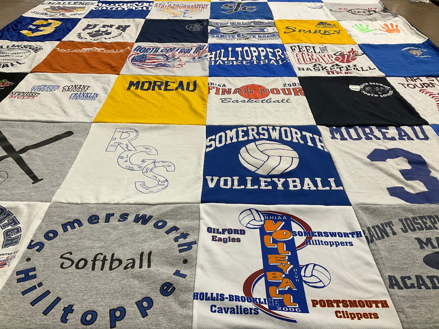 T-shirt quilt featuring somersworth hilltoppers, gilford eagles by Kathy from NH