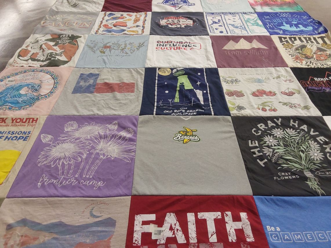 T-shirt quilt with travel, youth activities themes by Andrew from TX