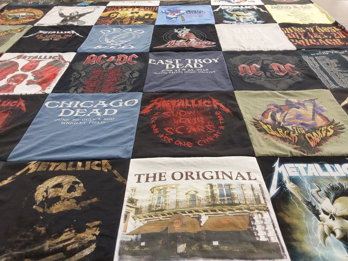 T-shirt quilt with music, rock themes by Jim from IL