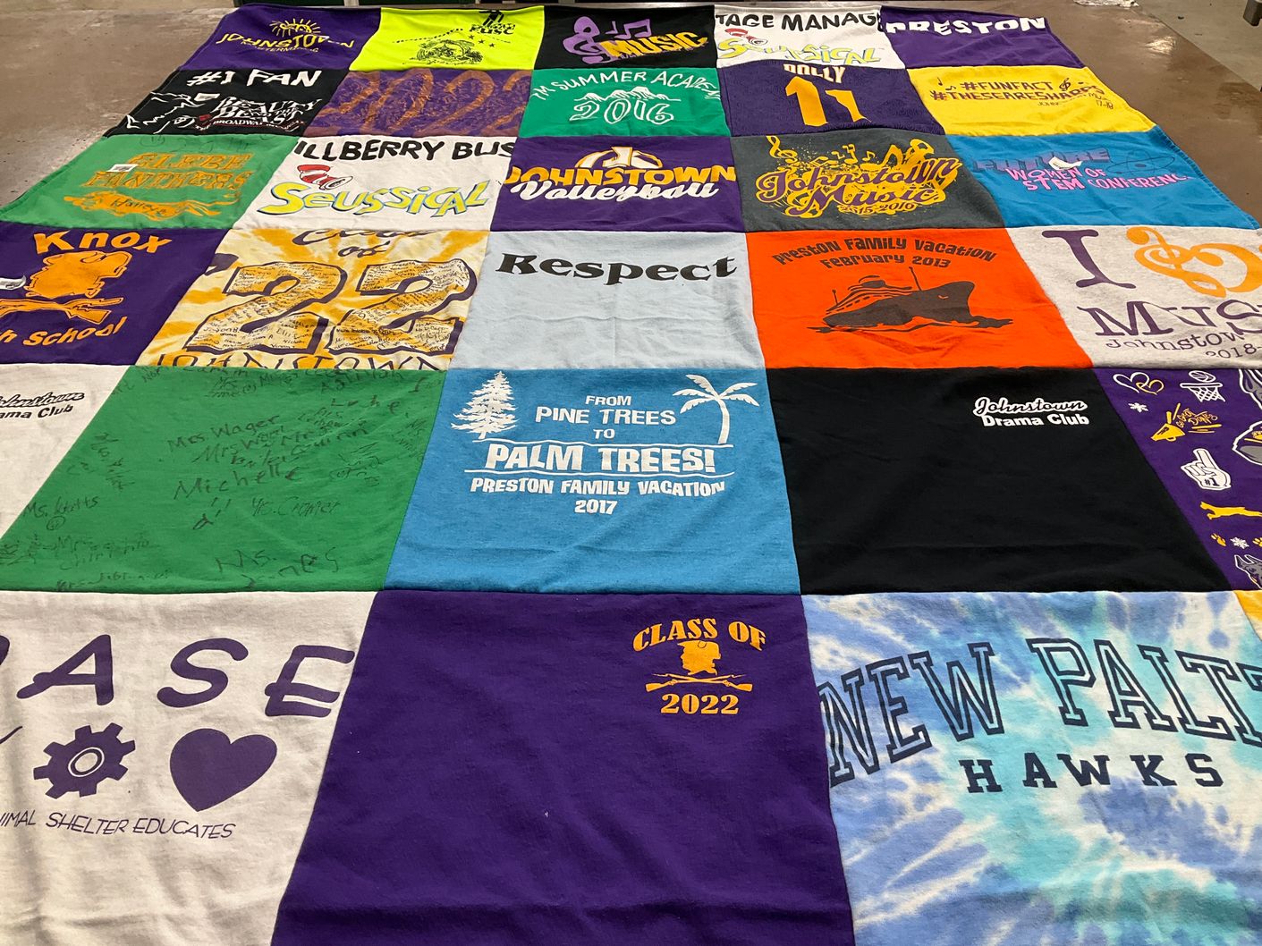 T-shirt quilt from new paltz high school, johnstown high school by Kim from NY