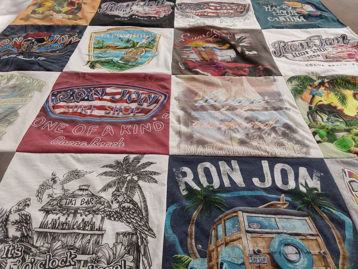 T-shirt quilt with beach, surfing themes by Deborah from TN