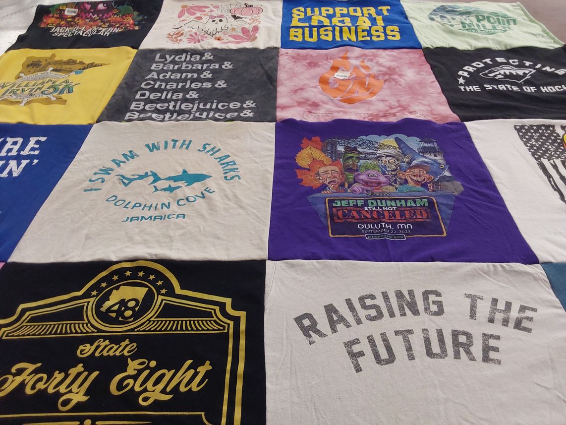 T-shirt quilt with sharks, comedy themes by Jessica from MN