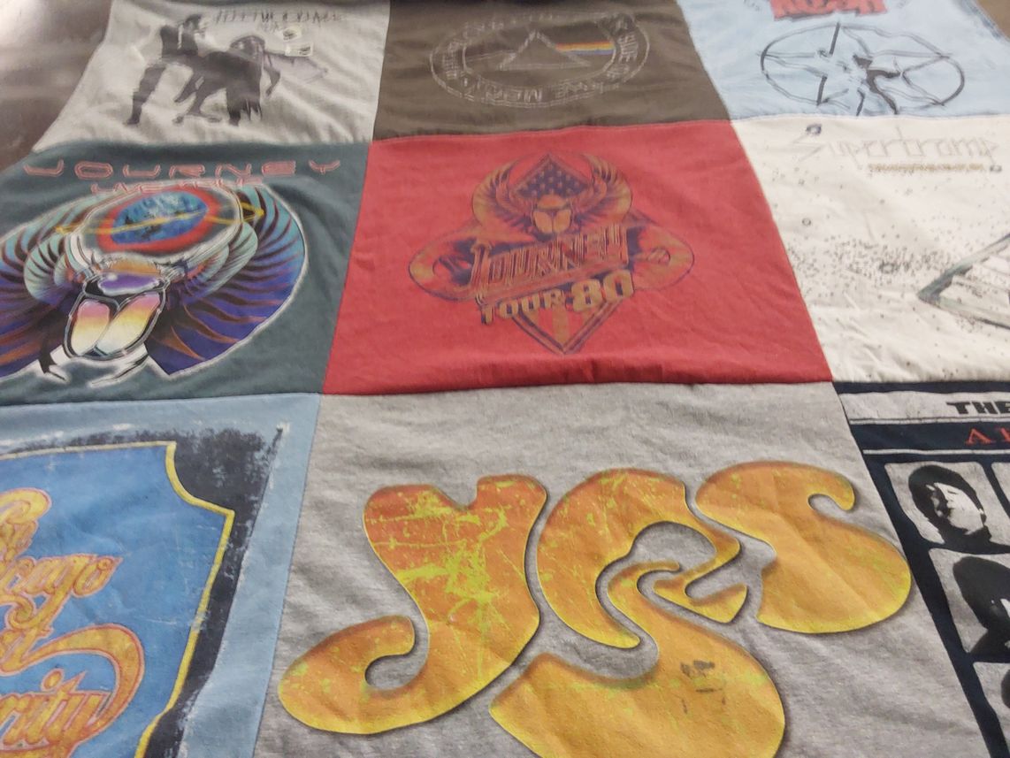 T-shirt quilt with music, rock music themes by Jennifer from MO