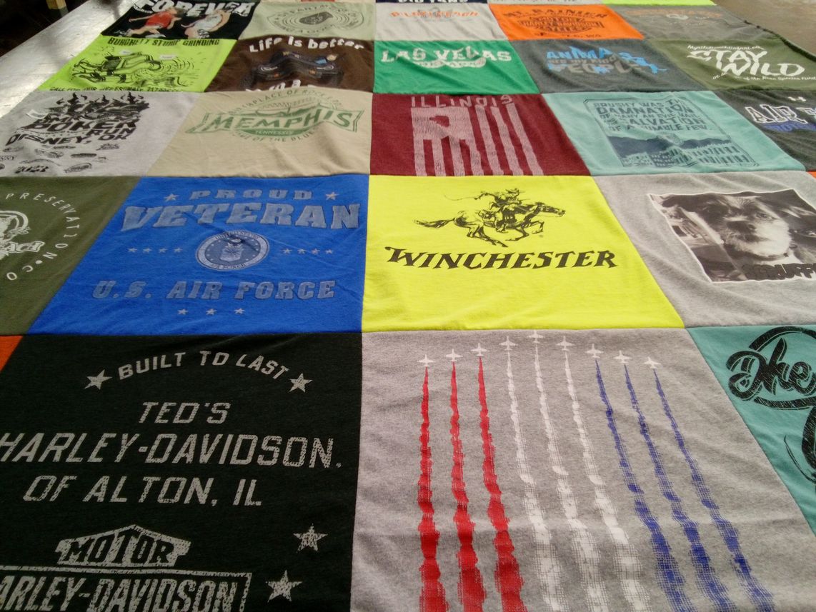 T-shirt quilt with military, motorcycles themes by Debbie from IL