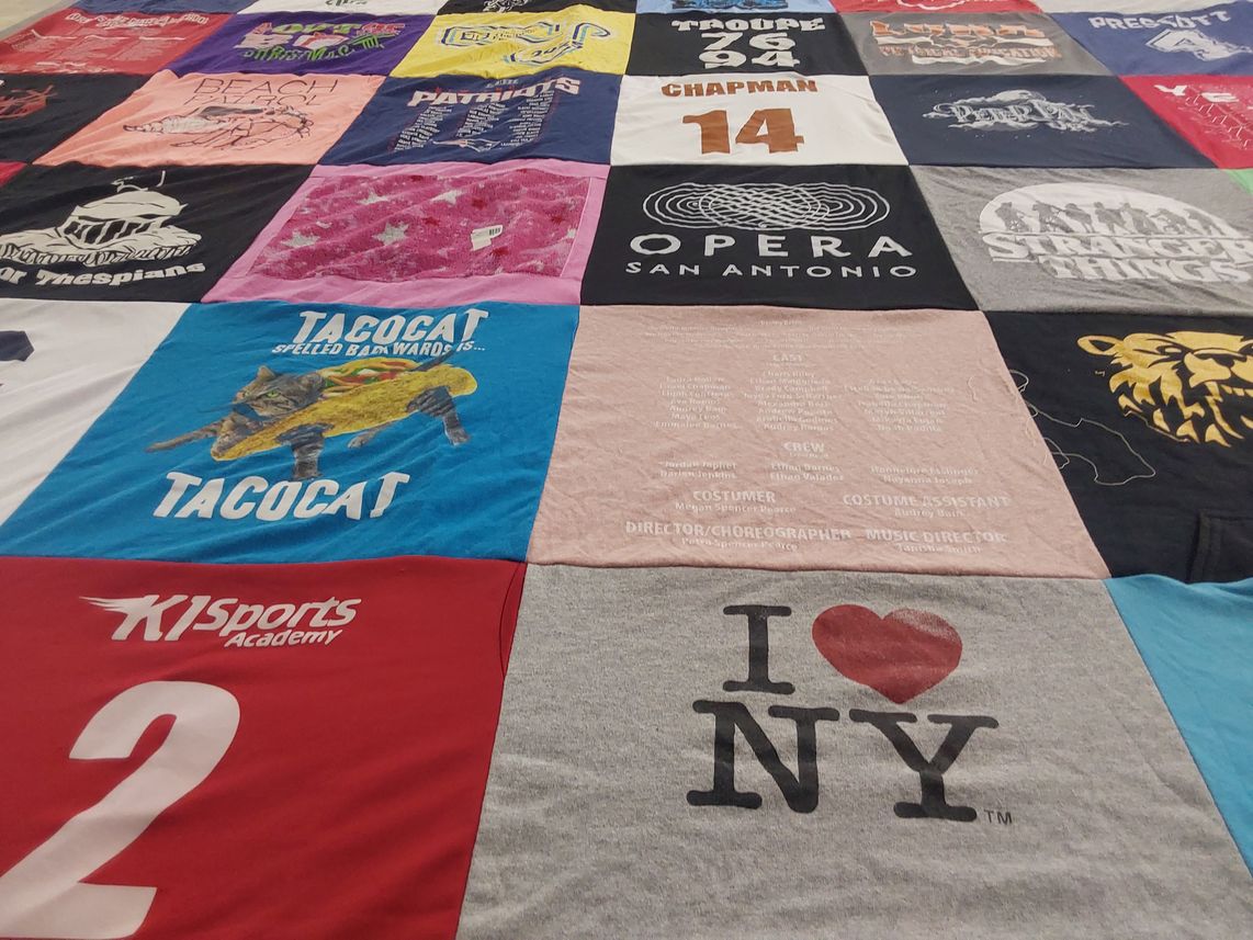 T-shirt quilt with theatre, sports themes by Yolanda from TX