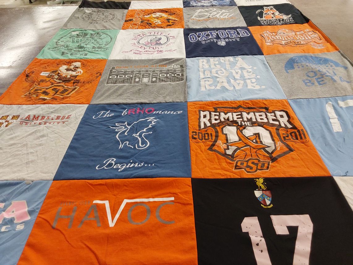 T-shirt quilt from oxford university, oklahoma state university by Chase from TX