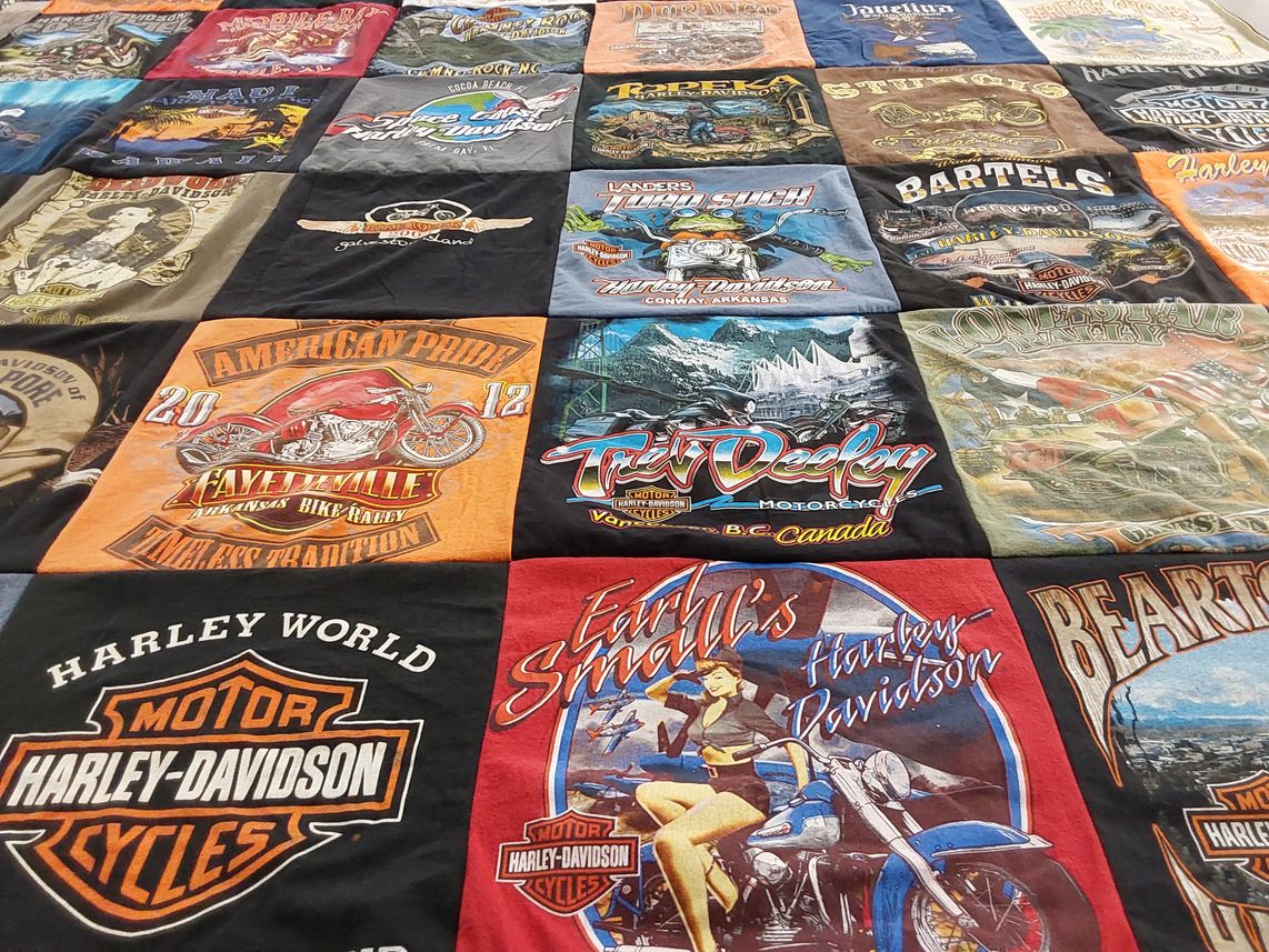 T-shirt quilt with motorcycling, biking themes by Wendy from TX