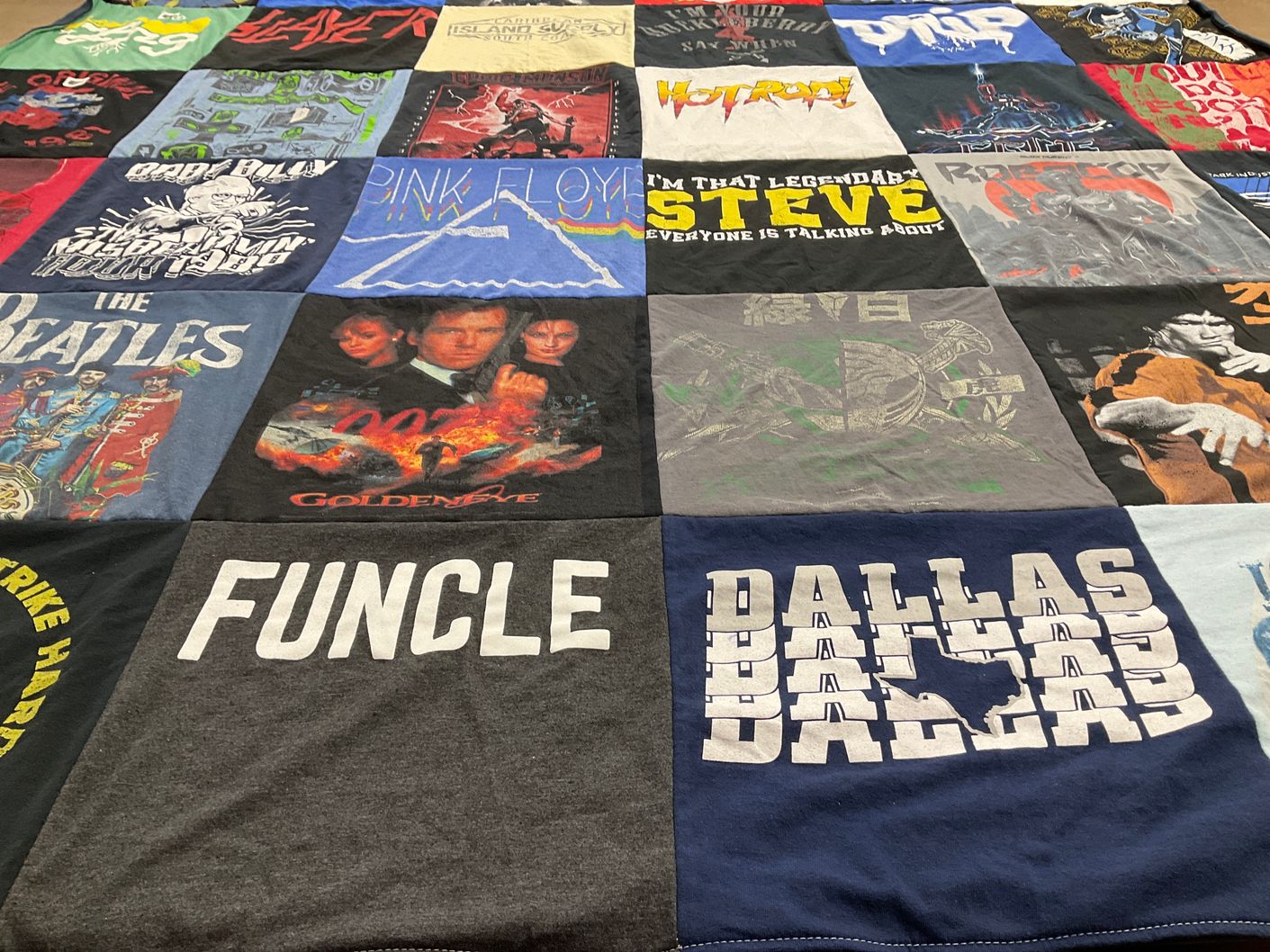 T-shirt quilt with music, movies themes by Brenda from CA