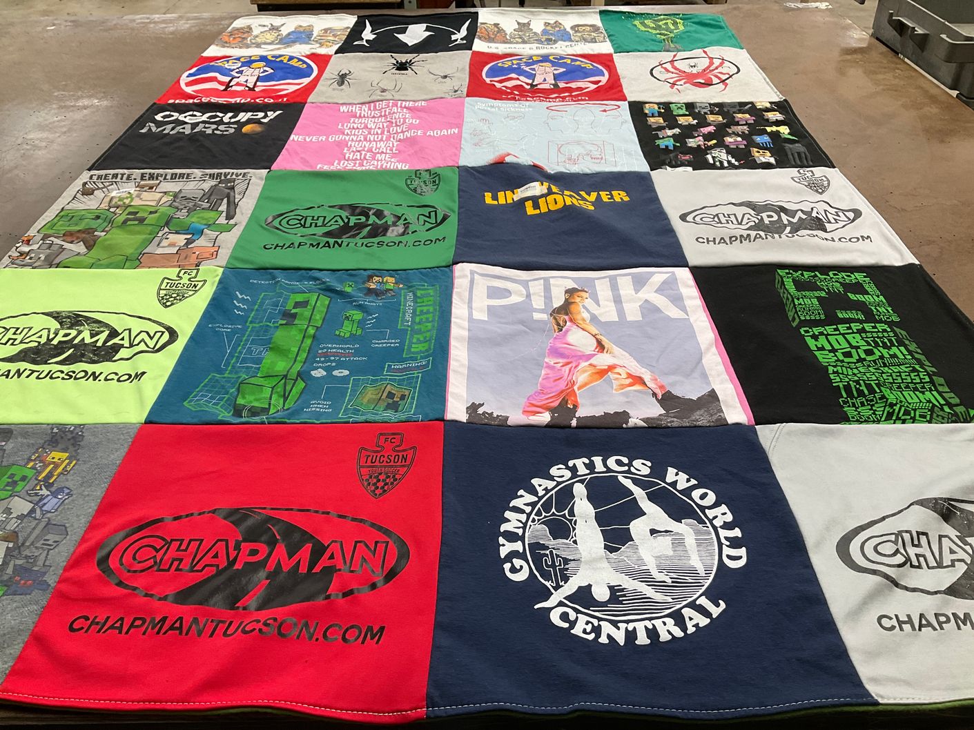 T-shirt quilt with gymnastics, video games themes by Krista from AZ