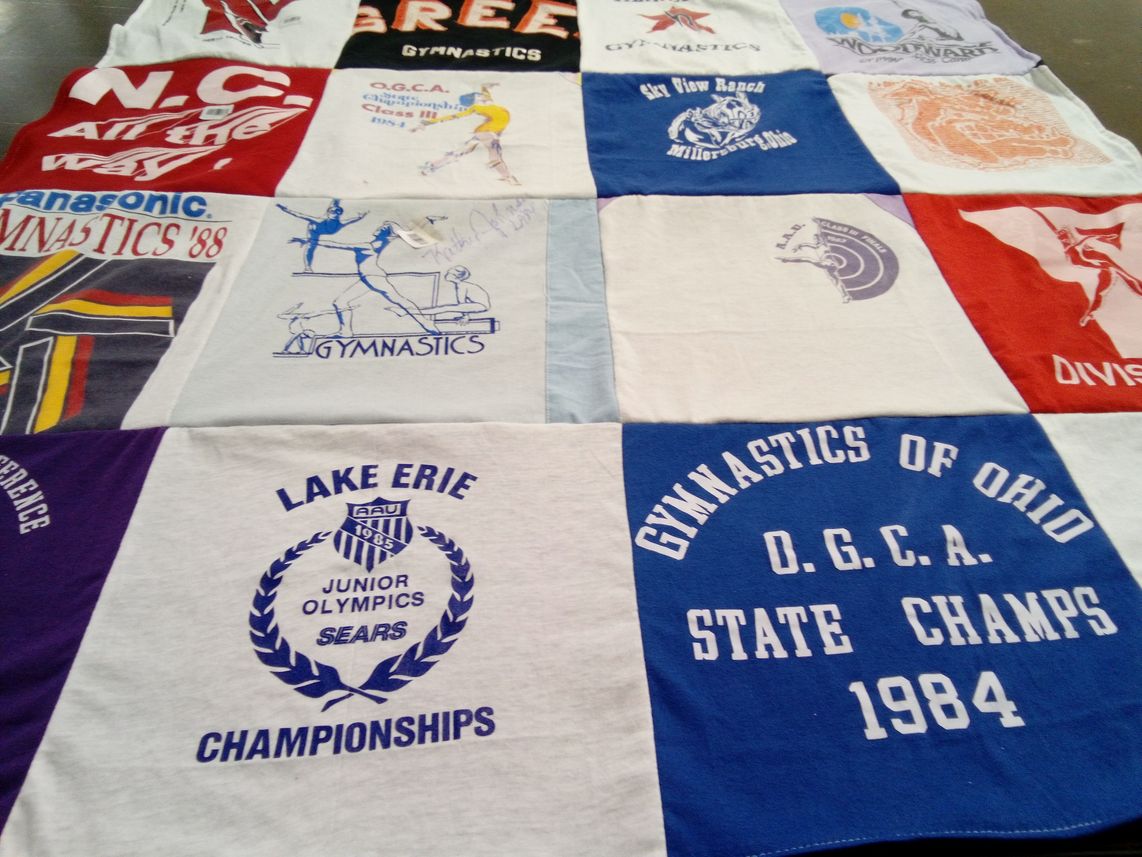 T-shirt quilt with gymnastics themes by Robin from OH