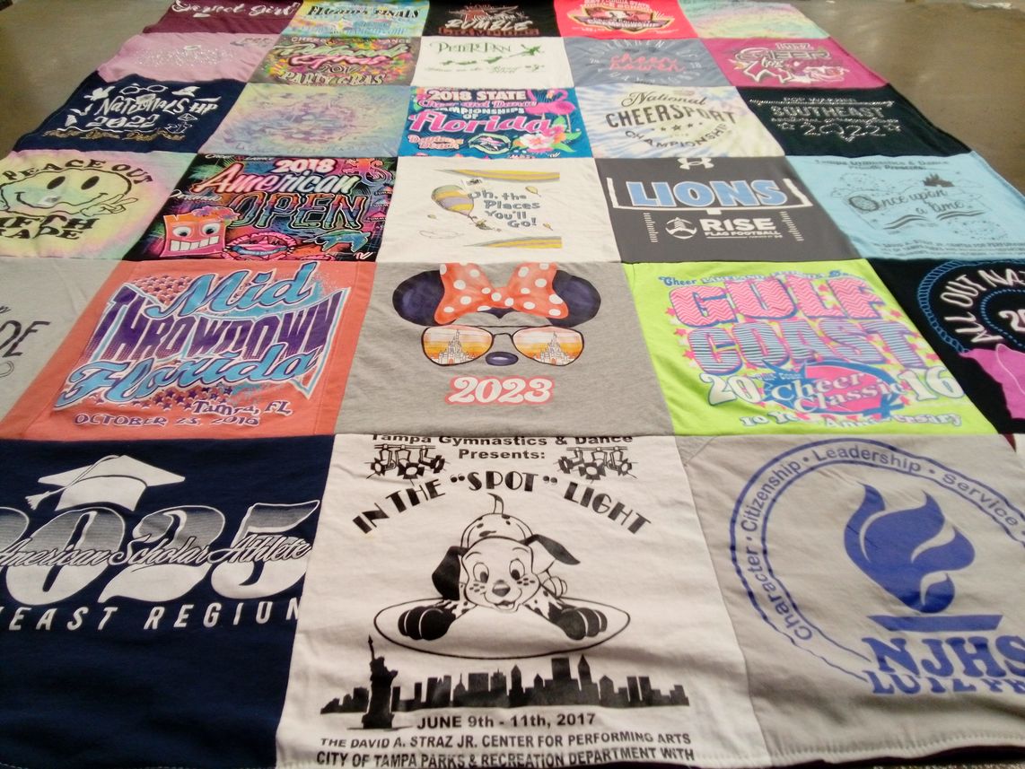 T-shirt quilt with cheerleading, gymnastics themes by danielle from FL