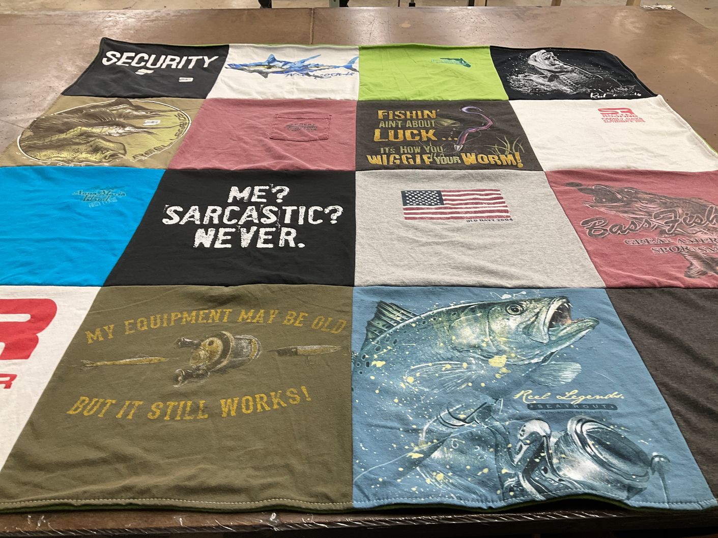 T-shirt quilt with fishing, humor themes by Linda from FL