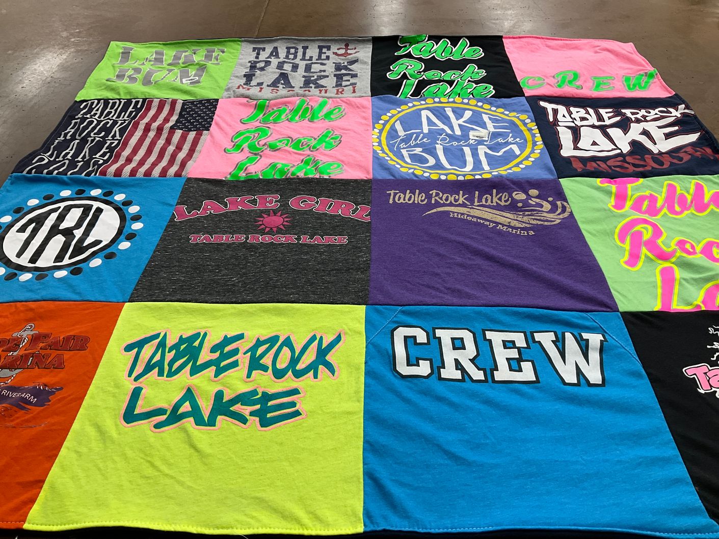 T-shirt quilt with outdoor activities, lake activities themes by Colleen from MO