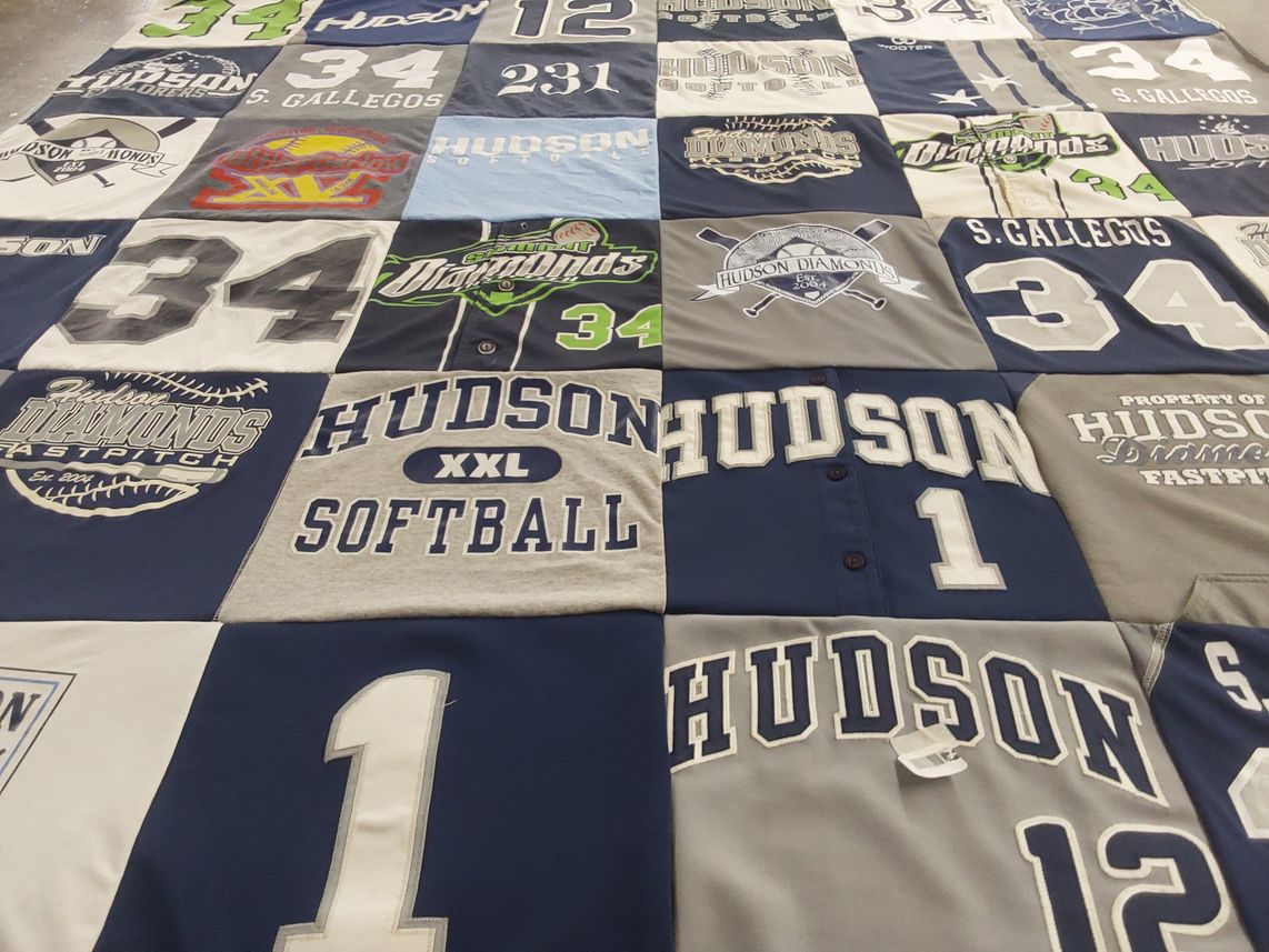 T-shirt quilt featuring hudson diamonds fastpitch by Tara from OH