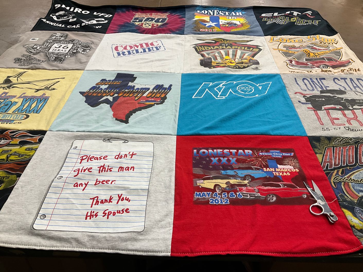 T-shirt quilt with car shows, auto racing themes by Jamie from TX