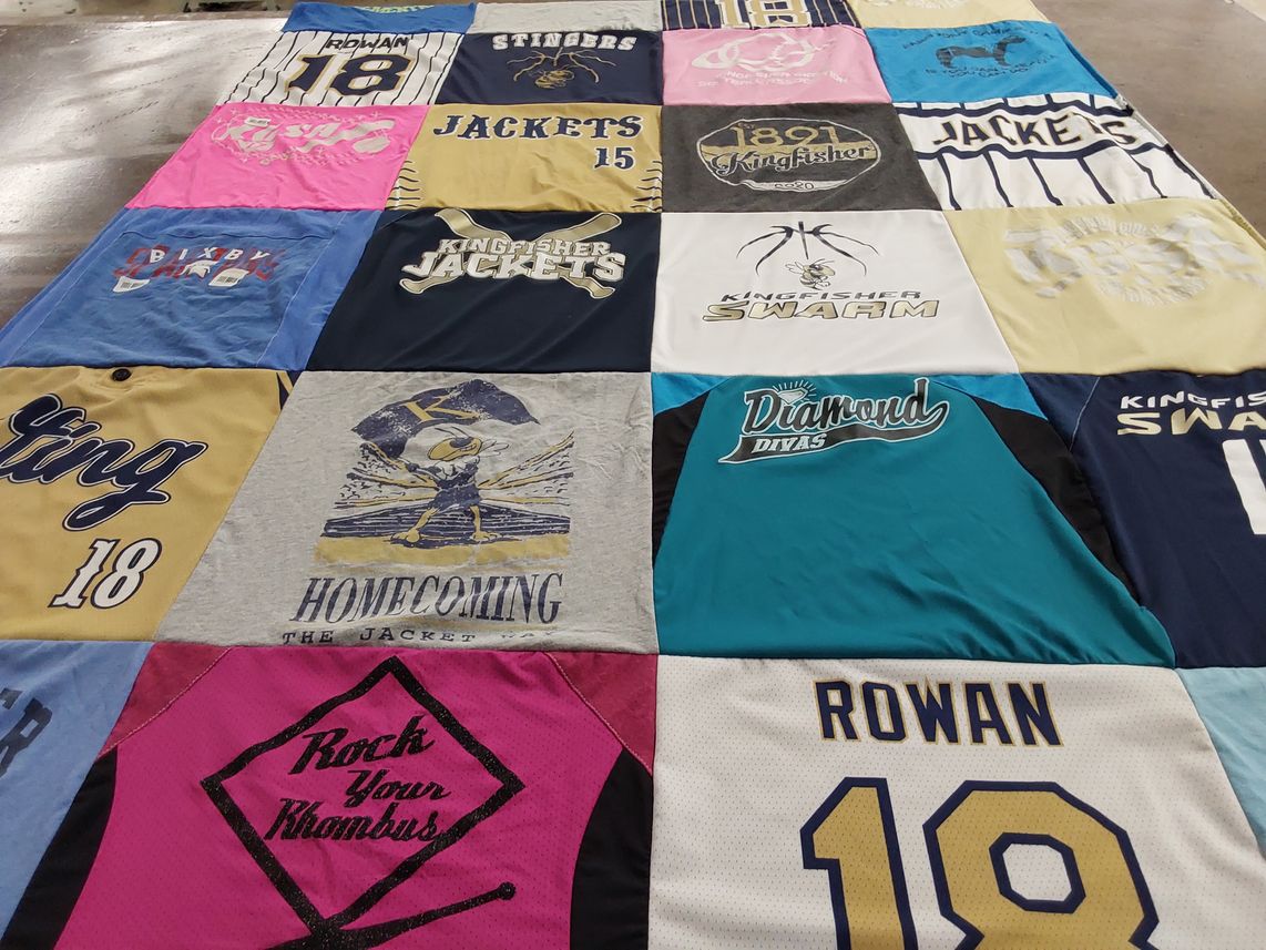 T-shirt quilt featuring kingfisher jackets, kingfisher swarm by Melinda from OK