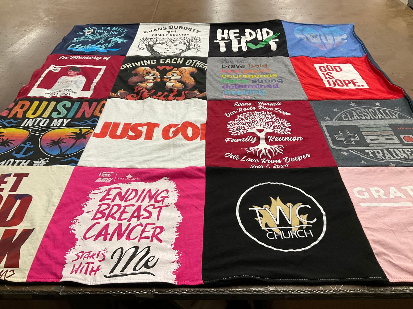 T-shirt quilt with charity, community themes by Lucretia from IN