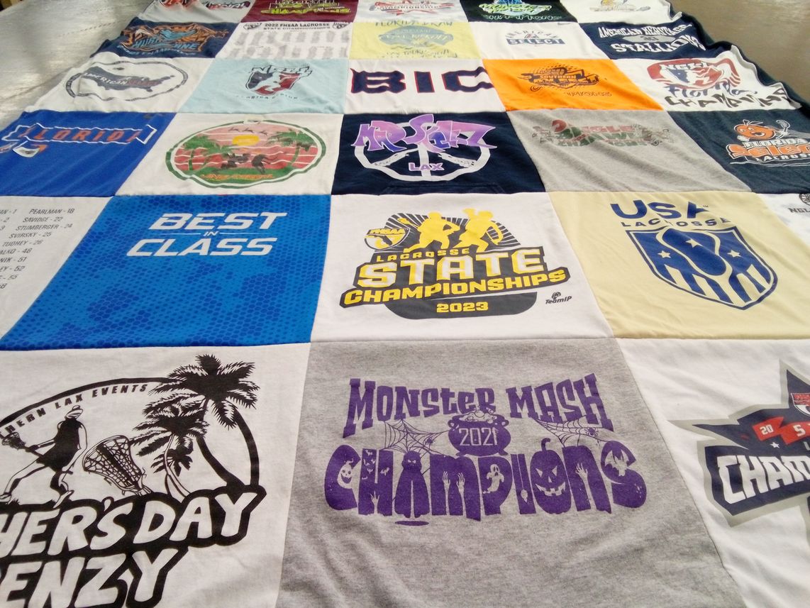 T-shirt quilt with lacrosse, sports themes by julie from FL