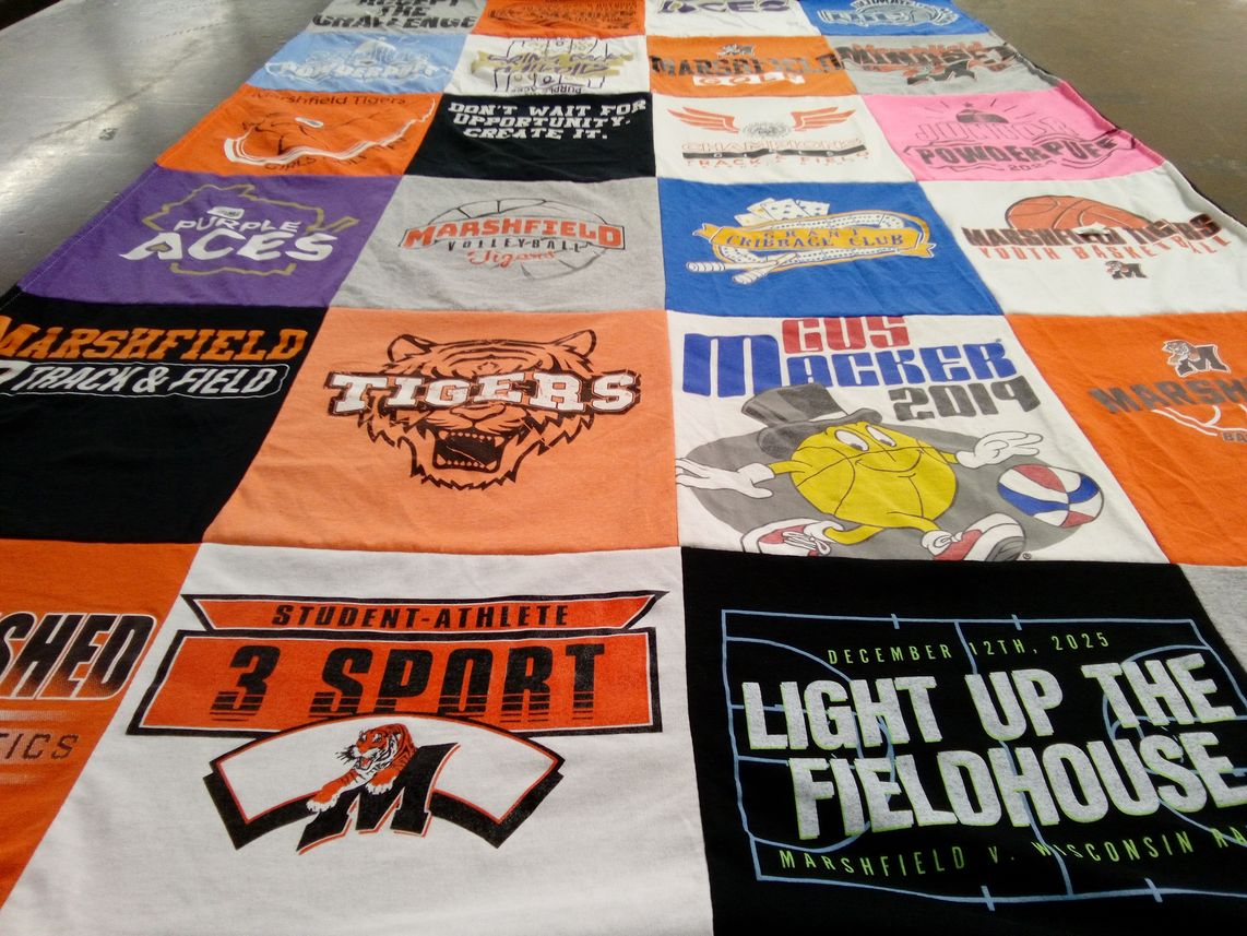 T-shirt quilt featuring marshfield tigers, marshfield basketball by Lori A from WI