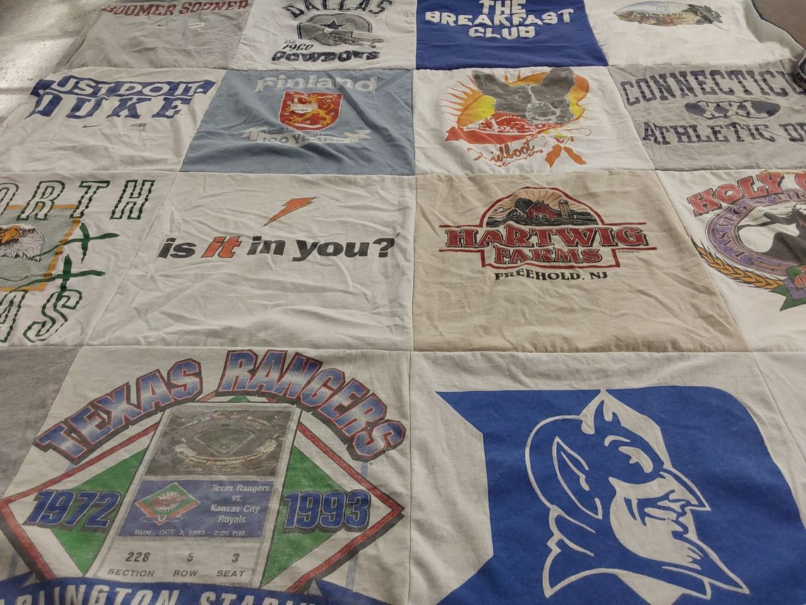 T-shirt quilt featuring texas rangers, duke university basketball team by Scott from TX
