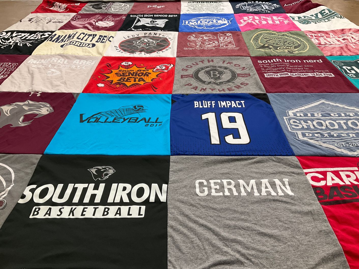 T-shirt quilt featuring south iron panthers, lady panthers by candi from MO