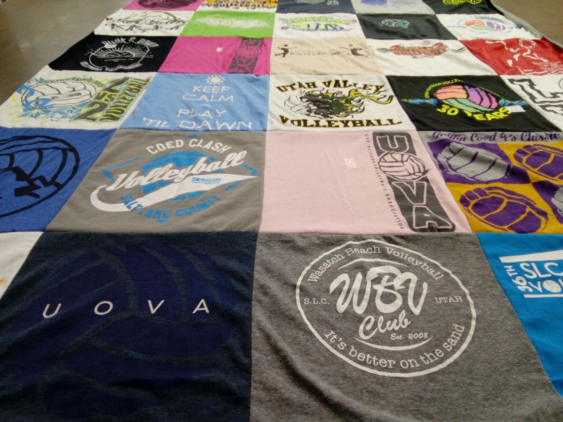 T-shirt quilt with volleyball themes by Sundi from UT