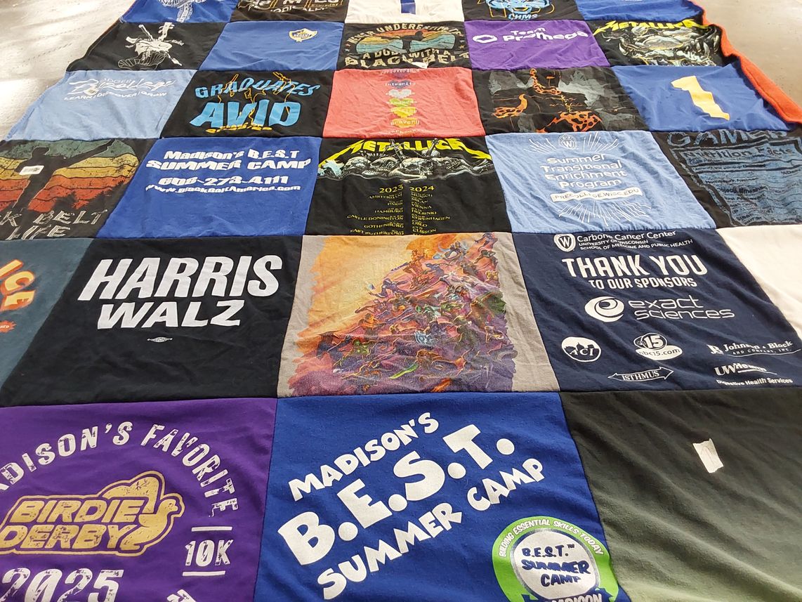 T-shirt quilt with summer camp, sports themes by Elizabeth from WI