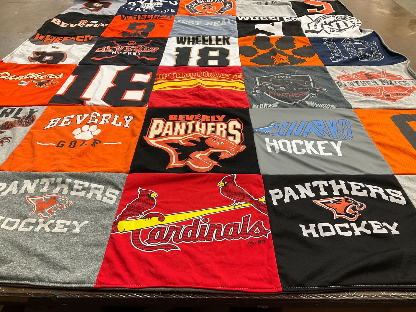 T-shirt quilt featuring beverly panthers, quincy quinners by Sandra from MA