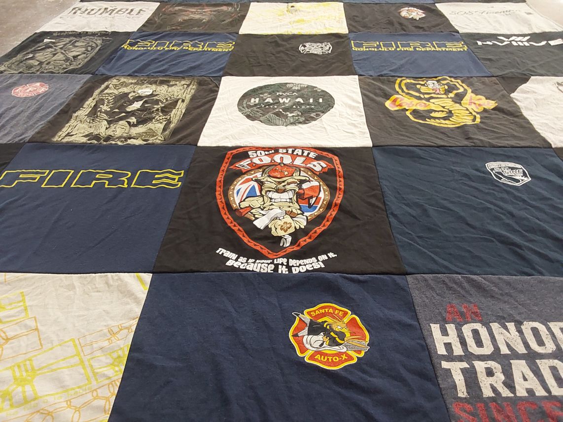 T-shirt quilt with firefighting, honor themes by Claire from HI