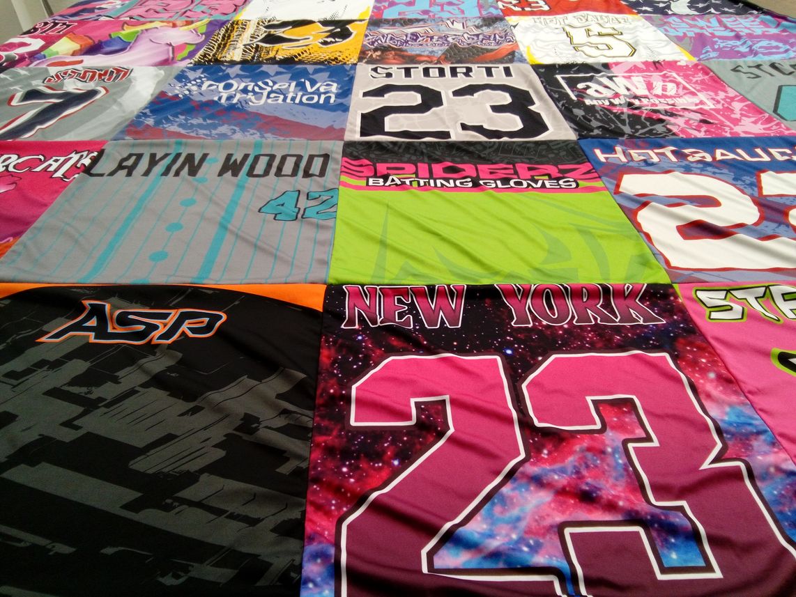 T-shirt quilt with batting, sports themes by Lisa from NC