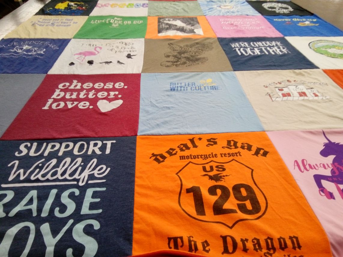 T-shirt quilt with wildlife, motorcycling themes by Sarah from VT
