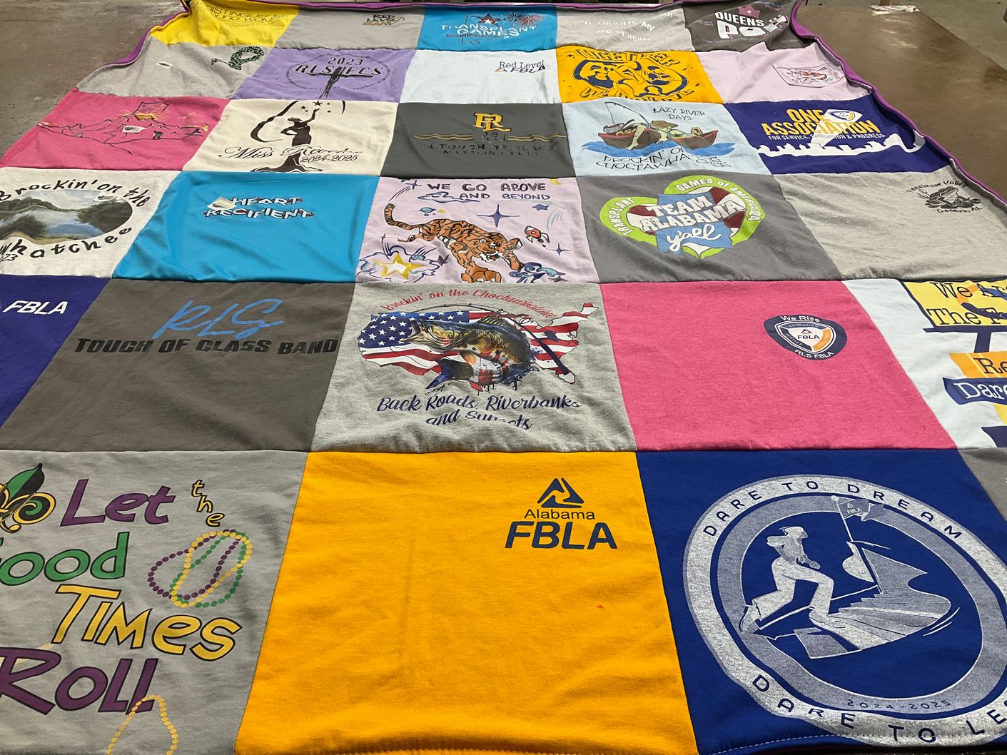 T-shirt quilt with school activities, music themes by Jessica from AL