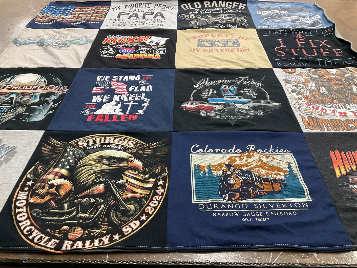 T-shirt quilt with motorcycles, classic cars themes by Cheryl from AZ