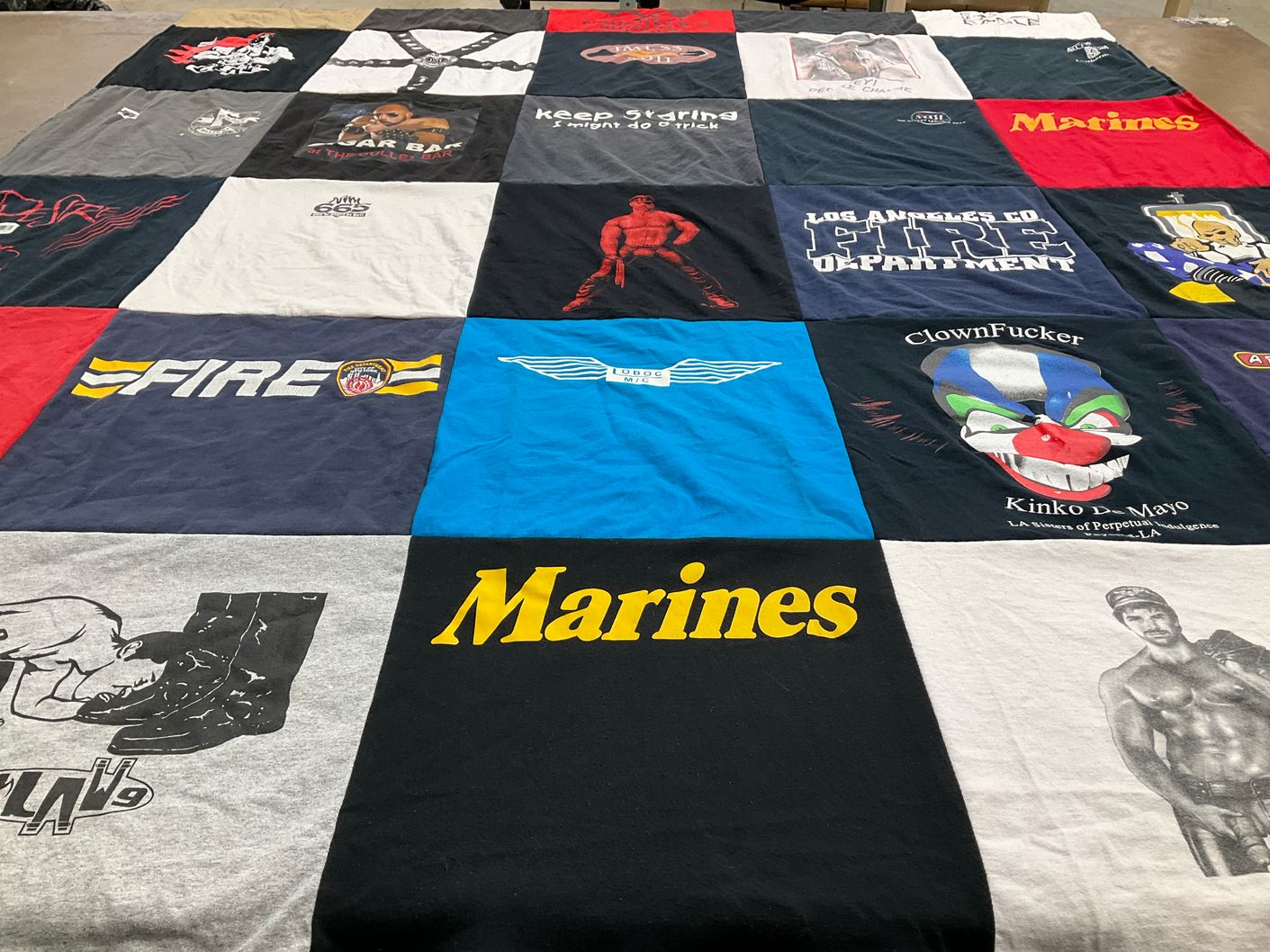 T-shirt quilt with military, firefighting themes by Michael from CA