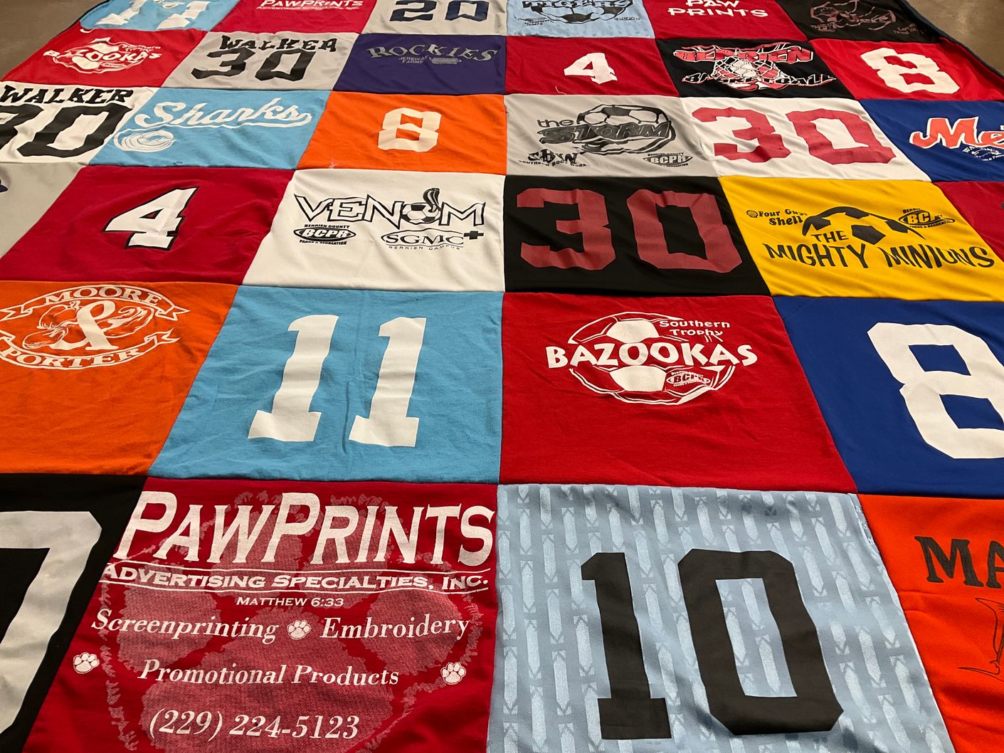 T-shirt quilt with sports, screenprinting themes by Malissa from GA