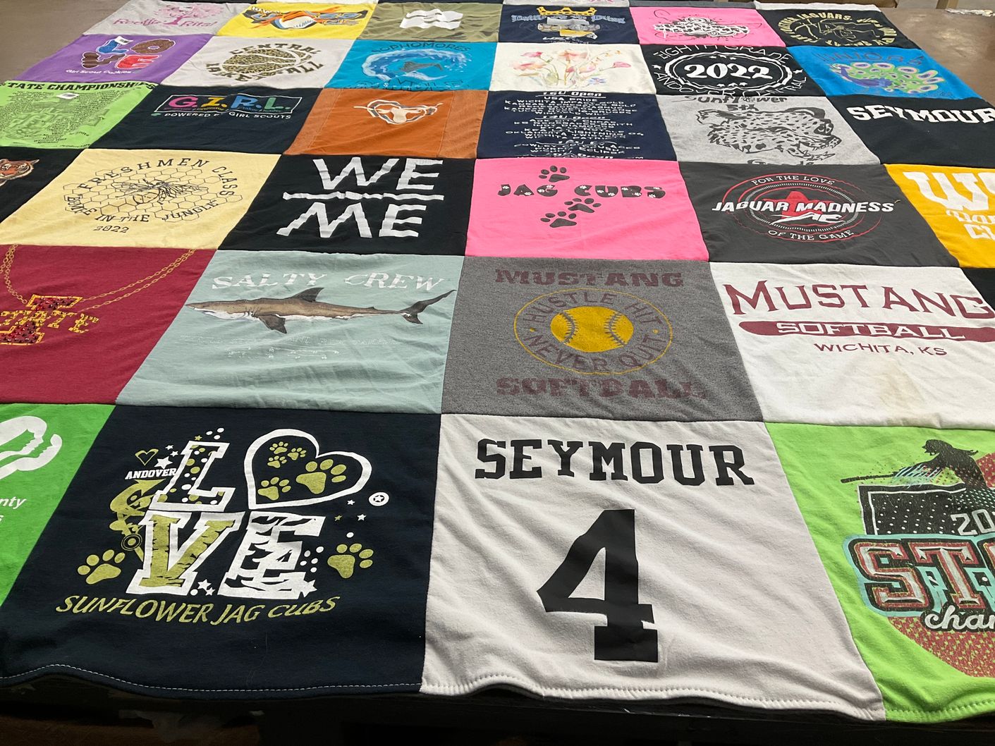 T-shirt quilt featuring andover mustangs, mustang softball by Wendy from KS