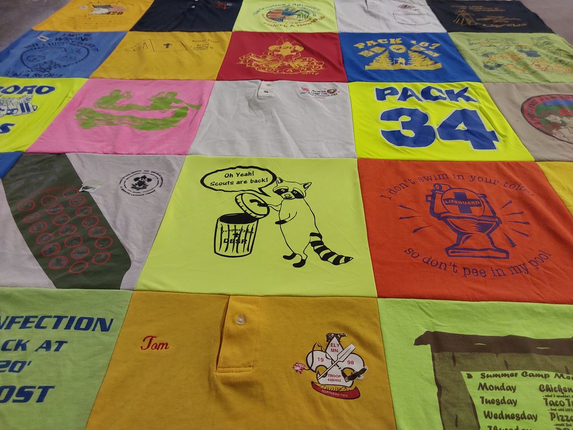 T-shirt quilt with scouting, camping themes by Tom from OH