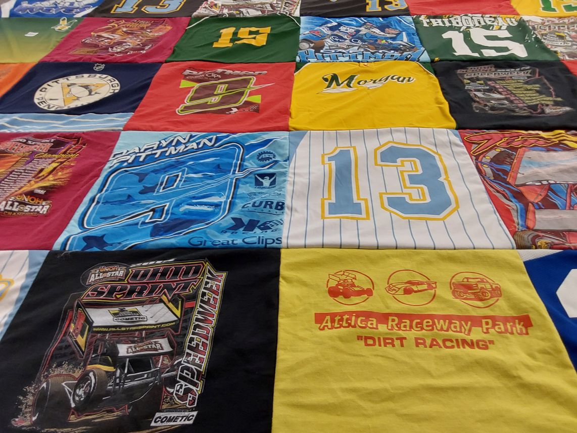 T-shirt quilt with dirt racing, motorsports themes by Whitney from IN