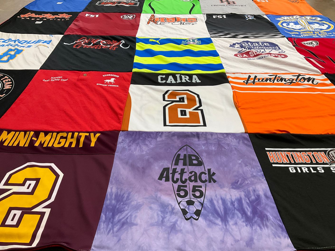 T-shirt quilt from huntington beach high school by Sara from CA