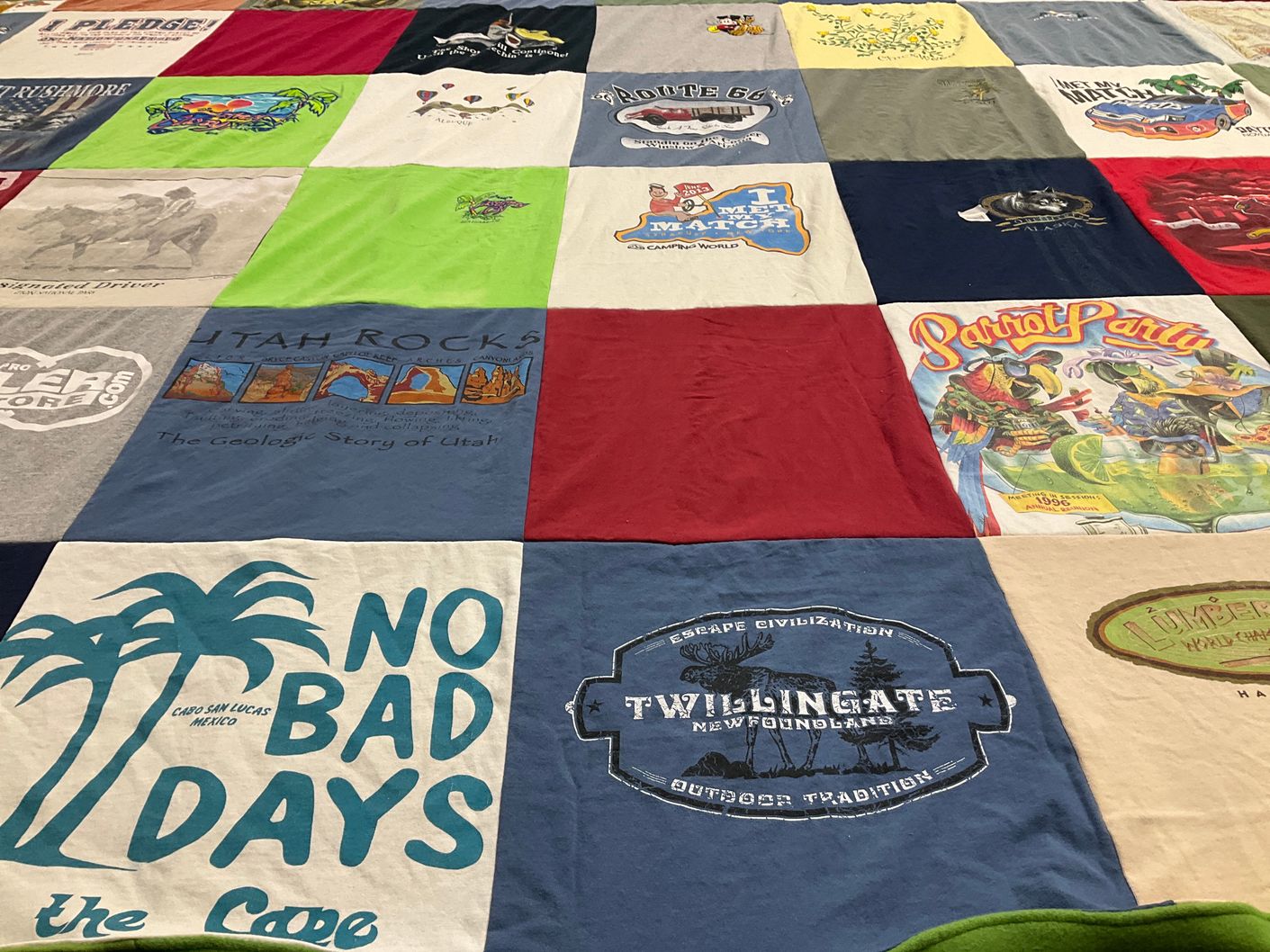 T-shirt quilt with travel, camping themes by Barbara from FL