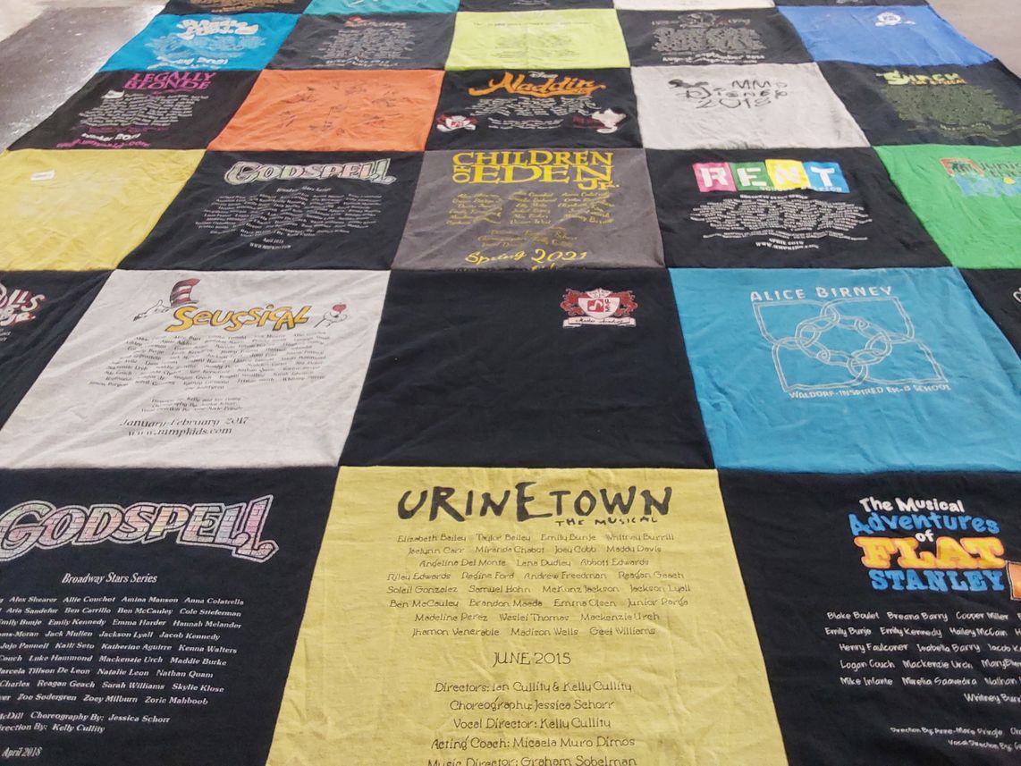 T-shirt quilt with musical theatre, performing arts themes by Andrea (Drea) from CA