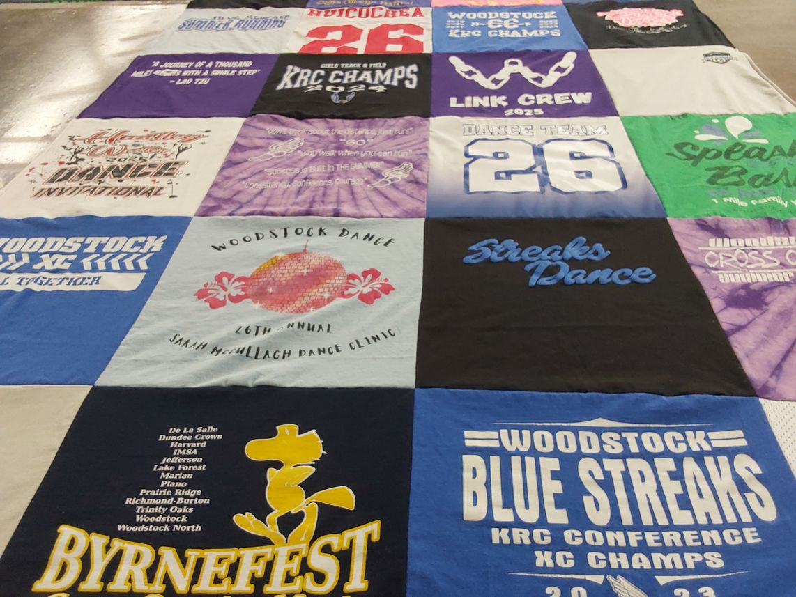 T-shirt quilt featuring woodstock blue streaks cross country, woodstock dance team by Gabriela from IL