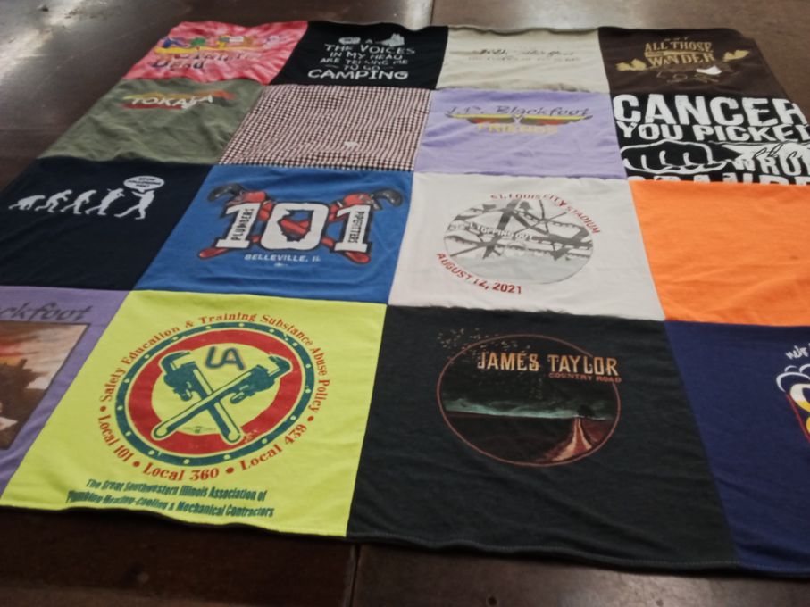 T-shirt quilt with music, camping themes by Kimberly from IL