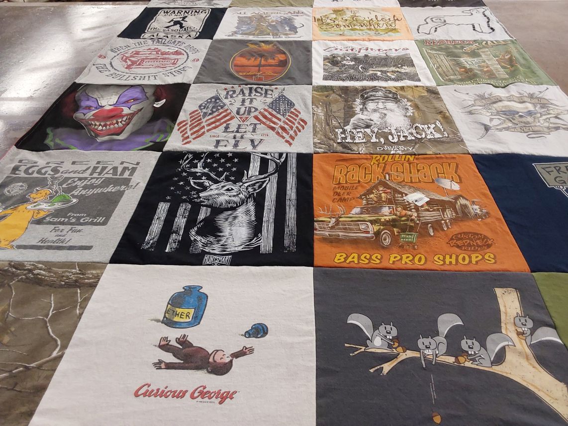 T-shirt quilt with hunting, fishing themes by Tabatha from FL