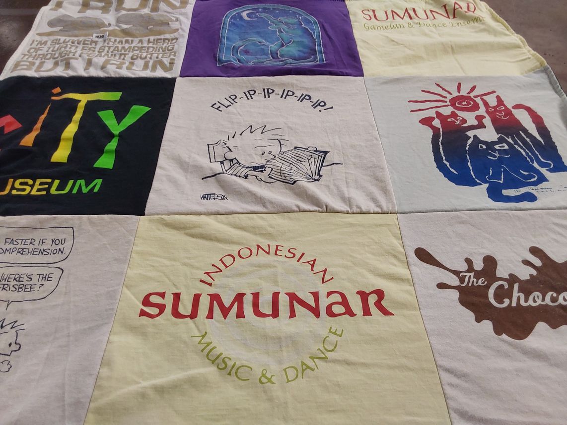T-shirt quilt with music, dance themes by Mary from MN