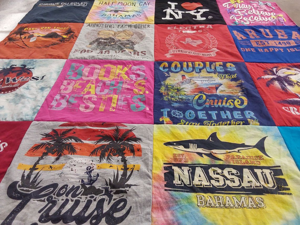 T-shirt quilt with cruising, travel themes by Sandra from TX